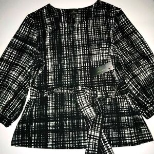 Worthington (Size M) Black & White Grid Pattern Belted Waist Blouse (NEW-NWT)